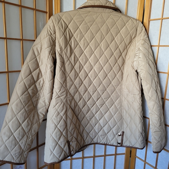 NWT WOMENS MICHAEL KORS QUILTED KHAKI BUTTONS/ POCKETS LEATHER TRIM JACKET LARGE - Picture 2 of 6